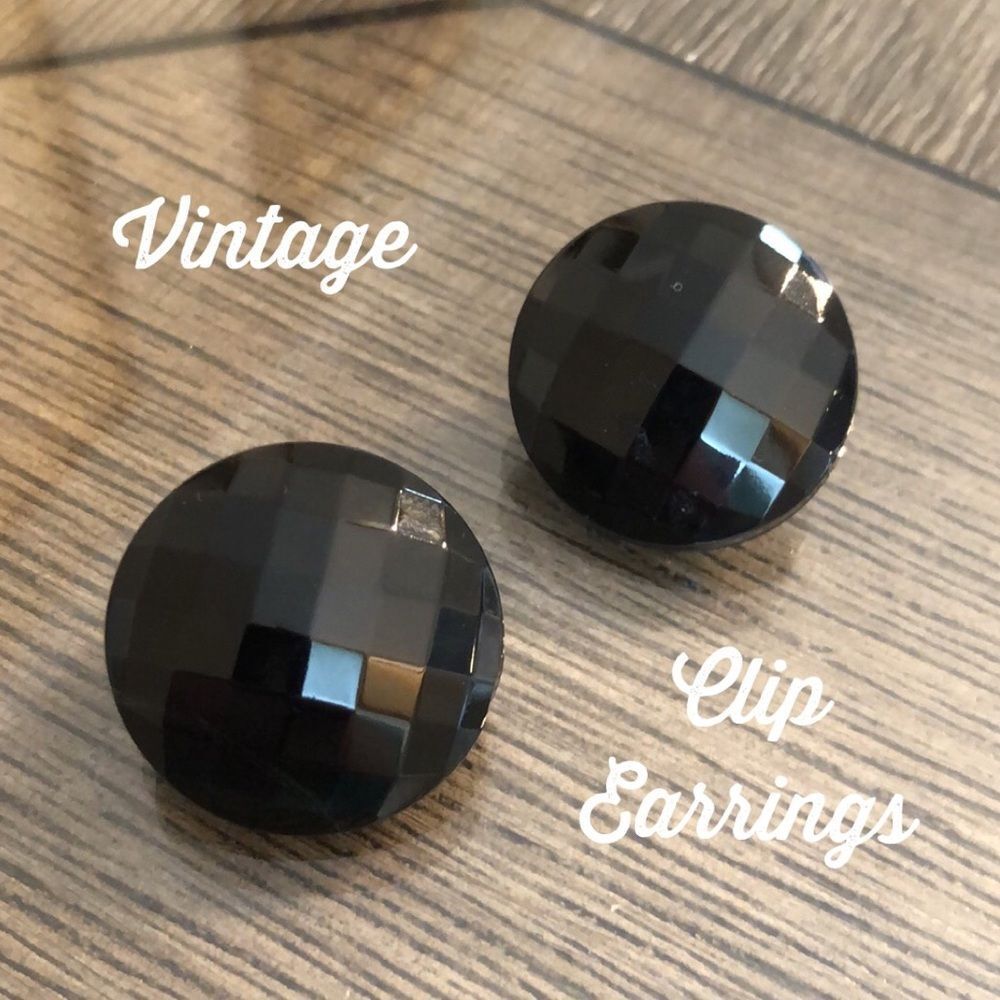 Vintage Faceted Black Glass Button Clip Earrings
